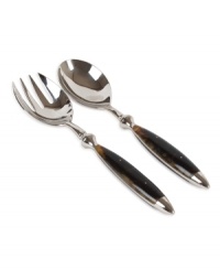 The alluring beauty of multi-faceted Tortoise shell finished handles present a warm accent to clean stainless steel in these refined salad servers from Lauren by Ralph Lauren.