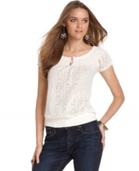 Add sheer femininity to denim for a soft summer look with this Lucky Brand lace top! Add sheer femininity to denim for a soft summer look with this Lucky Brand lace top!