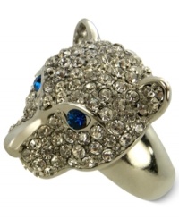 Animal attraction. This stretch ring from GUESS is crafted from silver-tone mixed metal with blue glass crystal accents making this a fierce fashion choice. Item comes packaged in a signature GUESS Gift Box. Animal attraction. This stretch ring from GUESS is crafted from silver-tone mixed metal with blue glass crystal accents making this a fierce fashion choice. Item comes packaged in a signature GUESS Gift Box.