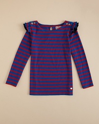 Modest ruffles at the shoulder and goldtone button accents bring a touch of whimsey to Juicy Couture's otherwise standard stripe top. Modest ruffles at the shoulder and goldtone button accents bring a touch of whimsey to Juicy Couture's otherwise standard stripe top.
