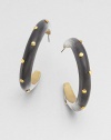 From the Lucite Collection. Smooth, simple half hoops of hand-painted, hand-sculpted Lucite, sprinkled with golden studs.LuciteGoldtoneDiameter, about 1.9Post backMade in USA