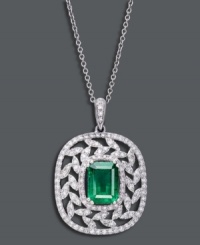 An extraordinary work of art. Effy Collection's glamorous style combines an intricate leaf-shaped pattern in round-cut diamonds (1/2 ct. t.w.) with a gorgeous green emerald center stone (1-3/8 ct. t.w.). Set in 14k white gold. Approximate length: 18 inches. Approximate drop length: 1 inch. Approximate drop with: 3/4 inch. Stones from Brazil. An extraordinary work of art. Effy Collection's glamorous style combines an intricate leaf-shaped pattern in round-cut diamonds (1/2 ct. t.w.) with a gorgeous green emerald center stone (1-3/8 ct. t.w.). Set in 14k white gold. Approximate length: 18 inches. Approximate drop length: 1 inch. Approximate drop with: 3/4 inch. Stones from Brazil.