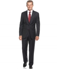 Searching for a look that's at once classic and cutting-edge? Look no further than this sleek charcoal striped suit from Tasso Elba. Searching for a look that's at once classic and cutting-edge? Look no further than this sleek charcoal striped suit from Tasso Elba.