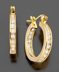 Elegant and eye-catching, these classic hoop earrings by B. Brilliant glisten with plentiful cubic zirconias (2-1/3 ct. t.w.) set in 18k gold over sterling silver. Approximate diameter: 1/2 inch. Elegant and eye-catching, these classic hoop earrings by B. Brilliant glisten with plentiful cubic zirconias (2-1/3 ct. t.w.) set in 18k gold over sterling silver. Approximate diameter: 1/2 inch.