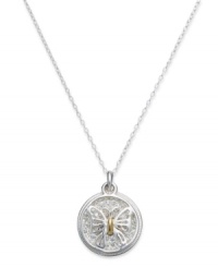Soar to new heights. This butterfly pendant, set in sterling silver and 18k gold over sterling silver, sparkles with glistening crystals. Approximate drop: 18 inches. Approximate drop: 5/8 inch. Approximate diameter: 1/2 inch. Soar to new heights. This butterfly pendant, set in sterling silver and 18k gold over sterling silver, sparkles with glistening crystals. Approximate drop: 18 inches. Approximate drop: 5/8 inch. Approximate diameter: 1/2 inch.