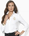 Lauren Ralph Lauren's feminine reinterpretation of classic menswear style is tailored in sleek cotton broadcloth with an embroidered crest at the chest.