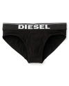 Diesel stretch briefs with a wide elasticized waistband and front logo.