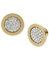 Sharp style from Michael Kors. With a sliced face with pave accents, these stud earrings are a sparkling treat. Crafted in gold tone mixed metal. Approximate diameter: 1/2 inch. Sharp style from Michael Kors. With a sliced face with pave accents, these stud earrings are a sparkling treat. Crafted in gold tone mixed metal. Approximate diameter: 1/2 inch.