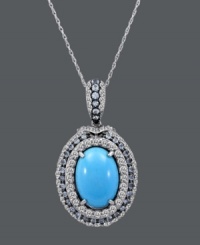 Tasteful shimmer for every season. Carlo Viani's intricate oval pendant highlights a turquoise center stone (4 mm) encircled by rings of round-cut white sapphire (1-1/3 ct. t.w.) and blue topaz (5/8 ct. t.w.). Setting and chain crafted in 14k white gold. Approximate length: 18 inches. Approximate drop: 1-1/2 inches. Tasteful shimmer for every season. Carlo Viani's intricate oval pendant highlights a turquoise center stone (4 mm) encircled by rings of round-cut white sapphire (1-1/3 ct. t.w.) and blue topaz (5/8 ct. t.w.). Setting and chain crafted in 14k white gold. Approximate length: 18 inches. Approximate drop: 1-1/2 inches.
