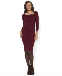 Lauren Ralph Lauren's figure-flattering boatneck dress rendered in soft cotton is accented with a double buckle at the shoulder for a hint of rustic edge. Lauren Ralph Lauren's figure-flattering boatneck dress rendered in soft cotton is accented with a double buckle at the shoulder for a hint of rustic edge.