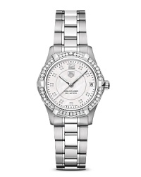 The Aquaracer concept is founded on providing the accuracy that all water sports demand. It is based on the design and features of the timeless TAG Heuer 2000 series launched in 1982. White mother-of-pearl dial with 10 diamond stud accents and a 42 diamond studded bezel. Features a date window. The Aquaracer concept is founded on providing the accuracy that all water sports demand. It is based on the design and features of the timeless TAG Heuer 2000 series launched in 1982. White mother-of-pearl dial with 10 diamond stud accents and a 42 diamond studded bezel. Features a date window.