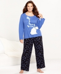 Stay warm in these plus size pajamas by HUE featuring a polar bear on the top and polka dots on the fleece pants. Stay warm in these plus size pajamas by HUE featuring a polar bear on the top and polka dots on the fleece pants.