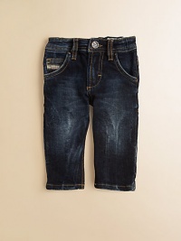 Dark-washed denim with slight wear and just a little bit of stretch.Front buttonRear elasticized waistband with belt loopsFive-pocket style with stitching on back pockets97% cotton/3% elastaneMachine washImported Dark-washed denim with slight wear and just a little bit of stretch.Front buttonRear elasticized waistband with belt loopsFive-pocket style with stitching on back pockets97% cotton/3% elastaneMachine washImported