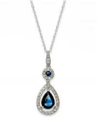 Adorn your neckline with something elegant. This teardrop-shaped pendant highlights round and pear-cut sapphires (1-1/3 ct. t.w.) and round-cut diamonds (1/4 ct. t.w.). Set in 14k white gold. Approximate length: 18 inches. Approximate drop: 1 inch. Adorn your neckline with something elegant. This teardrop-shaped pendant highlights round and pear-cut sapphires (1-1/3 ct. t.w.) and round-cut diamonds (1/4 ct. t.w.). Set in 14k white gold. Approximate length: 18 inches. Approximate drop: 1 inch.