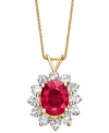 Style fit for a queen. Necklace features a bright red, oval-cut ruby (2-1/5 ct. t.w.) surrounded by sparkling round-cut IGI Certified diamonds (1 ct. t.w.). Crafted in 14k gold. Approximate length: 16 inches. Approximate drop: 3/4 inch.