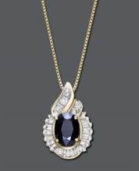 A timeless classic with vintage appeal. This beautiful pendant features an oval-cut sapphire center stone (1 ct. t.w.) surrounded by swirls of sparkling diamonds (1/5 ct. t.w.). Crafted in 14k gold. Approximate length: 18 inches. Approximate drop: 3/4 inch. A timeless classic with vintage appeal. This beautiful pendant features an oval-cut sapphire center stone (1 ct. t.w.) surrounded by swirls of sparkling diamonds (1/5 ct. t.w.). Crafted in 14k gold. Approximate length: 18 inches. Approximate drop: 3/4 inch.