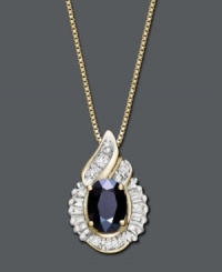 A timeless classic with vintage appeal. This beautiful pendant features an oval-cut sapphire center stone (1 ct. t.w.) surrounded by swirls of sparkling diamonds (1/5 ct. t.w.). Crafted in 14k gold. Approximate length: 18 inches. Approximate drop: 3/4 inch.