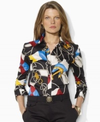 Awash in a vibrant nautical flag print, Lauren by Ralph Lauren's classic tailored shirt is crafted from silky cotton broadcloth with three-quarter sleeves for breezy style. Awash in a vibrant nautical flag print, Lauren by Ralph Lauren's classic tailored shirt is crafted from silky cotton broadcloth with three-quarter sleeves for breezy style.