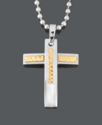 A bold and stylish way to symbolize your faith. Men's necklace features a stainless steel cross with a 14k gold inlay strung on a matching bead chain. Approximate length: 24 inches. Approximate drop width: 1 inch. Approximate drop length: 1-1/5 inches. A bold and stylish way to symbolize your faith. Men's necklace features a stainless steel cross with a 14k gold inlay strung on a matching bead chain. Approximate length: 24 inches. Approximate drop width: 1 inch. Approximate drop length: 1-1/5 inches.