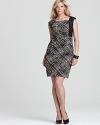 Trade your LBD for something unexpected with this Lafayette 148 New York Plus dress. A graphic print emboldens an artfully draped silhouette, punctuated with leather insets for serious fashion presence. Trade your LBD for something unexpected with this Lafayette 148 New York Plus dress. A graphic print emboldens an artfully draped silhouette, punctuated with leather insets for serious fashion presence.