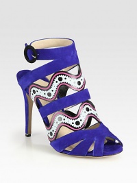 Beautifully cut suede design accentuated by sexy cutouts, a towering heel and vivid painted leather trim. Self-covered heel, 4½ (115mm)Suede and painted leather upperAdjustable ankle strapLeather lining and solePadded insoleMade in Italy Beautifully cut suede design accentuated by sexy cutouts, a towering heel and vivid painted leather trim. Self-covered heel, 4½ (115mm)Suede and painted leather upperAdjustable ankle strapLeather lining and solePadded insoleMade in Italy