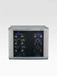 Store up to 12 bottles of wine at temperatures that preserve their integrity with this modern, dual-zone wine cellar. With a temperature range of 39-68 degrees, this dual compartment cellar keeps whites, Champagnes and reds chilled at expert-recommended temperatures. Store up to 12 bottles of wine at temperatures that preserve their integrity with this modern, dual-zone wine cellar. With a temperature range of 39-68 degrees, this dual compartment cellar keeps whites, Champagnes and reds chilled at expert-recommended temperatures.