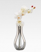 Complete with a white silk orchid, this bud vase turns an teardrop band of signature alloy and a glass center into an objet d'art suitable for any room in the house. Includes silk orchid Metal alloy/glass 11H X 5½ diam. Imported 