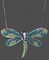 Fantasy in flight. Kaleidoscope's whimsical dragonfly pendant shines in tanzanite, peridot, and indicolite-colored crystals with Swarovski Elements. Set in sterling silver. Approximate length: 18 inches. Approximate drop: 1-1/4 inches.