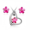 Contessa Bella Fancy Genuine 18k White Gold Plated Hot Pink Swarovski Austrian Crystal Heart and Flower Pendant Women Necklace and Earrings Set Elegant Silver Color Crystal Jewelry N9906