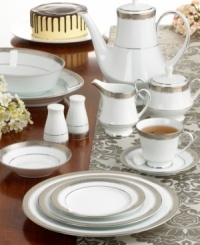 The unparalleled style of Noritake china has been gracefully setting tables for more than ninety years. The formal Crestwood Platinum dinnerware and dishes collection features crisp white china embellished with a shimmering border of interlocking scrolled leaves and an edge of polished platinum. The unparalleled style of Noritake china has been gracefully setting tables for more than ninety years. The formal Crestwood Platinum dinnerware and dishes collection features crisp white china embellished with a shimmering border of interlocking scrolled leaves and an edge of polished platinum.