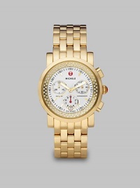 From the Sport Sail Collection. A dazzling diamond accented design with a technical chronograph dial on a goldtone bracelet.Swiss quartz movementWater resistant to 5 ATMRound goldtone stainless steel case, 38mm (1.5)Smooth bezelInterior diamond trim, .46 tcwEnamel chronograph dialBar hour markersDate function at 6 o'clockSecond handGoldtone stainless steel link braceletImported