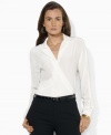 Lauren Ralph Lauren's soft silk wrap blouse is modernized for the season with dolman sleeves. (Clearance)