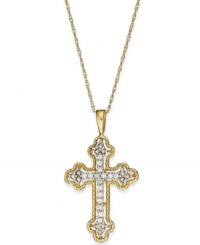 Vintage inspiration. This antique-themed cross pendant shines with the addition of round-cut diamond accents. Set in 14k gold. Approximate length: 18 inches. Approximate drop: 1 inch. Vintage inspiration. This antique-themed cross pendant shines with the addition of round-cut diamond accents. Set in 14k gold. Approximate length: 18 inches. Approximate drop: 1 inch.