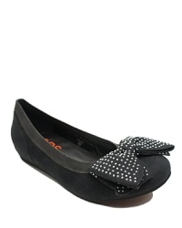 A sleek ballet flat is updated with an oversized studded bow, for a glamorous look guaranteed to wow. A sleek ballet flat is updated with an oversized studded bow, for a glamorous look guaranteed to wow.