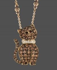 Friendly or fierce, asks Le Vian. This curious cat dangles proudly from a 14k gold chain and features all-over brilliant round-cut chocolate diamonds (7/8 ct. t.w.) with white diamond accents at collar. Approximate length: 18 inches. Approximate drop: 3/4 inch. Friendly or fierce, asks Le Vian. This curious cat dangles proudly from a 14k gold chain and features all-over brilliant round-cut chocolate diamonds (7/8 ct. t.w.) with white diamond accents at collar. Approximate length: 18 inches. Approximate drop: 3/4 inch.