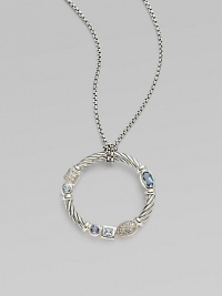 From the Confetti Collection. A wreath-shaped cable pendant, luxuriously set with pavé diamonds and other gemstones, dangles from a sterling silver chain. Diamonds, 0.05 tcw Blue topaz and iolite Sterling silver Chain length, about 16 Pendant diameter, about 1 Lobster clasp Made in USA From the Confetti Collection. A wreath-shaped cable pendant, luxuriously set with pavé diamonds and other gemstones, dangles from a sterling silver chain. Diamonds, 0.05 tcw Blue topaz and iolite Sterling silver Chain length, about 16 Pendant diameter, about 1 Lobster clasp Made in USA