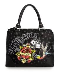 Let the good times roll with this Ed Hardy design featuring a dice, rose and bird graphic at front. A roomy tote shape with rhinestone embellished signature detailing. Let the good times roll with this Ed Hardy design featuring a dice, rose and bird graphic at front. A roomy tote shape with rhinestone embellished signature detailing.