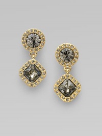 An elegant style with two sparkling, faceted stones embellished with pavé accents. 12k goldplated white metalGlass stonesDrop, about 1Post backImported An elegant style with two sparkling, faceted stones embellished with pavé accents. 12k goldplated white metalGlass stonesDrop, about 1Post backImported