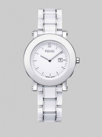 Polished stainless steel case timepiece with highly scratch resistant ceramic layer in a classic round style. Swiss movement Water-resistant to 5 ATM Round case, 38mm (1½) Scratch resistant ceramic bezel Sapphire crystal Markers Date display at 3 o'clock Link bracelet, 18mm, (¾) Push-button deployant buckle Made in Switzerland Polished stainless steel case timepiece with highly scratch resistant ceramic layer in a classic round style. Swiss movement Water-resistant to 5 ATM Round case, 38mm (1½) Scratch resistant ceramic bezel Sapphire crystal Markers Date display at 3 o'clock Link bracelet, 18mm, (¾) Push-button deployant buckle Made in Switzerland