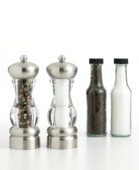 A beautiful addition to any table and an essential part of every meal, these elegantly contoured mills help you season to taste. Acrylic bodies let you see the fresh peppercorns and salt crystals, while stainless bases and grinding knobs create a wonderful tabletop display. Limited lifetime warranty. A beautiful addition to any table and an essential part of every meal, these elegantly contoured mills help you season to taste. Acrylic bodies let you see the fresh peppercorns and salt crystals, while stainless bases and grinding knobs create a wonderful tabletop display. Limited lifetime warranty.