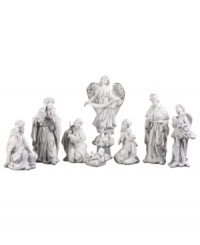 Statuesque in an antique white finish, this nativity set captures the timeless beauty & wonder of the Christmas miracle. The pensive faces gathered around the baby Jesus add a peaceful allure to this detailed scene. Statuesque in an antique white finish, this nativity set captures the timeless beauty & wonder of the Christmas miracle. The pensive faces gathered around the baby Jesus add a peaceful allure to this detailed scene.