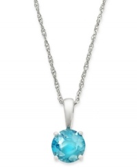 Brighten your look (and your day!) with sparkle in eye-catching hues. This pretty pendant features a round-cut blue topaz (1/2 ct. t.w.) set in 14k white gold. Approximate length: 18 inches. Approximate drop: 3/8 inch.