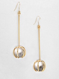 Beautiful clear quartz in a pronged setting with a radiant 14k goldplated drop design. 14k goldplatedClear quartzDrop, about 2.4Hook backMade in USA Beautiful clear quartz in a pronged setting with a radiant 14k goldplated drop design. 14k goldplatedClear quartzDrop, about 2.4Hook backMade in USA