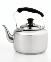Add a little elegance to your tea service with this classic stainless steel tea kettle. Polished to a brilliant shine, it has an aluminum-encapsulated base to help water boil faster. Limited lifetime warranty. Add a little elegance to your tea service with this classic stainless steel tea kettle. Polished to a brilliant shine, it has an aluminum-encapsulated base to help water boil faster. Limited lifetime warranty.