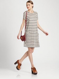 Effortlessly enviable t-shirt dress in pebbled stripes with a braided scoopneck, slash pockets and an oversized fit. Braided scoopneckShort sleevesSlash pocketsAbout 24 from natural waist91% viscose/9% linenDry cleanImportedModel shown is 5'10 (177cm) wearing US size Small. Effortlessly enviable t-shirt dress in pebbled stripes with a braided scoopneck, slash pockets and an oversized fit. Braided scoopneckShort sleevesSlash pocketsAbout 24 from natural waist91% viscose/9% linenDry cleanImportedModel shown is 5'10 (177cm) wearing US size Small.