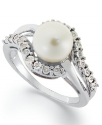 Designed to delight. This unique ring highlights a cultured freshwater pearl surrounded by diamond accents. Set in sterling silver. Size 7. Designed to delight. This unique ring highlights a cultured freshwater pearl surrounded by diamond accents. Set in sterling silver. Size 7.