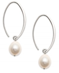 Elevate your style with smooth swoops. These unique hoop earrings highlight cultured freshwater pearls at the ends (8-10 mm). Set in sterling silver. Approximate drop: 1-1/2 inches. Elevate your style with smooth swoops. These unique hoop earrings highlight cultured freshwater pearls at the ends (8-10 mm). Set in sterling silver. Approximate drop: 1-1/2 inches.