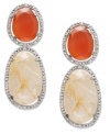 Inspired by nature, these stunning drop earrings highlight organically-shaped carnelian (24-3/4 ct. t.w.) and gold rutilated quartz (10 ct. t.w.) surrounded by round-cut diamonds (1/5 ct. t.w.). Set in 14k gold over sterling silver. Approximate drop: 1-3/4 inches.