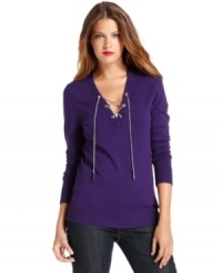 A finely knit sweater meets a shiny fine gauge chain that laces up the V-neckline. From MICHAEL Michael Kors. A finely knit sweater meets a shiny fine gauge chain that laces up the V-neckline. From MICHAEL Michael Kors.