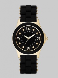 A sleek, understated timepiece with goldplated accents and wrapped stainless steel bracelet.Quartz movement Water resistant to 3 ATM Goldplated stainless steel case, 36.5mm, (1.43) Black dial with concave ring Goldplated numeral and dot hour markers Second hand Silicon wrapped stainless steel bracelet, 18mm, (.71) Imported 